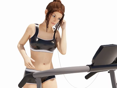 Woman Running On Treadmill In Tight Black Sportswear With Headphones 3d model