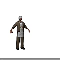 Man wearing brown jacket white Pizza Italian apron holding green red ingredients in plaid pants