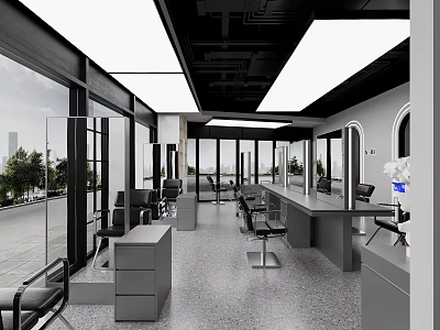 Sleek Modern Hair Beauty Salon Interior Design With Large Bright Floor To Ceiling Glass Windows 3d model