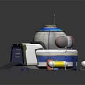 Vibrant Cartoon Scene With Round Spaceship Blue White Top Black Ramp And Colorful Cylindrical Canisters