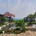 Garden Landscape with Wooden Deck Small Pond Green Plants Red Leaved Tree and Stone Decorations