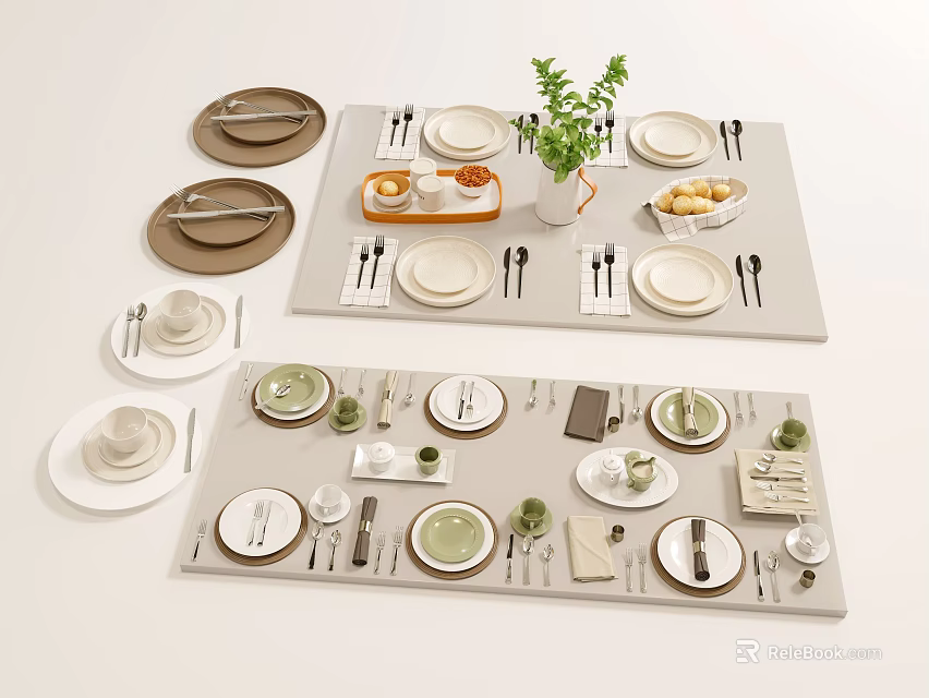 Modern Tableware Set With Plates Cutlery Placemats Vase Greenery And Fruit Bowl On Dining Table 3d model 