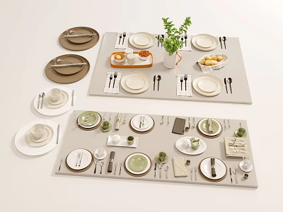 Modern Tableware Set With Plates Cutlery Placemats Vase Greenery And Fruit Bowl On Dining Table 3d model