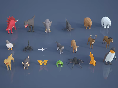 Low Poly Animal Models with Dinosaur Bird Spider Frog Penguin Deer Bear on Gray Background 3d model