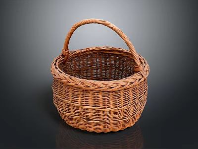 Sweet Little Kitten Resting Inside Brown Woven Basket On Black Background 3d model