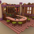 Cartoon Tavern Scene With Round Bar Counter Green Stools Wooden Barrels Ladder And Purple Columns