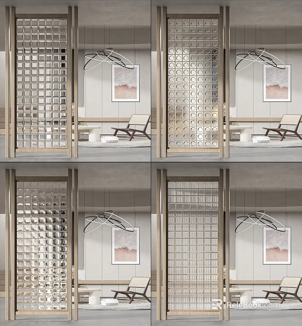 Modern Glass Partition With Geometric Pattern And Gold Frame For Elegant Interior Decor 3d model