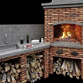 Rustic Brick Outdoor Kitchen With Fireplace Sink And Stacked Firewood