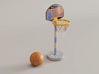 Kids Adjustable Basketball Hoop With Yellow Rim Red Net And Toy Ball 3d model