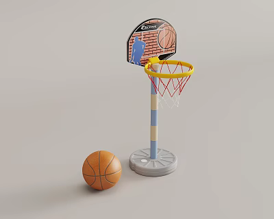 Kids Adjustable Basketball Hoop With Yellow Rim Red Net And Toy Ball 3d model