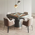 Modern Mahjong Entertainment Table with Four Brown Quilted Chairs and Hanging Lamp 3d model