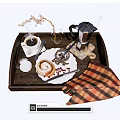 Fresh Cinnamon Roll with Hot Coffee on Wooden Tray and Plaid Cloth Decoration