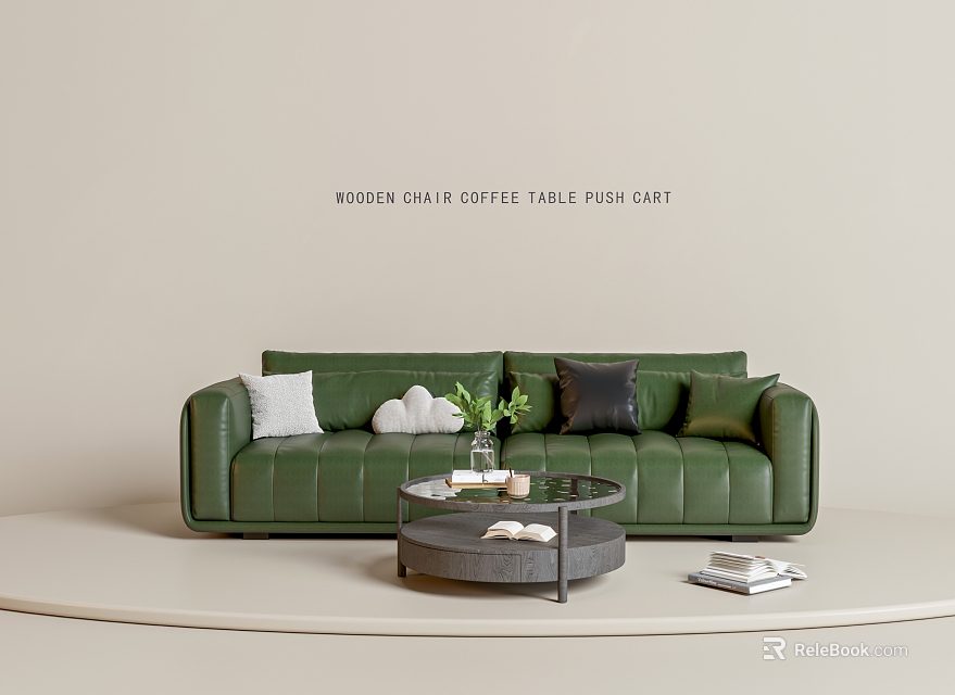 Modern Green Sofa and Coffee Table Set with Decorative Pillows Round Table and Vase 3d model 
