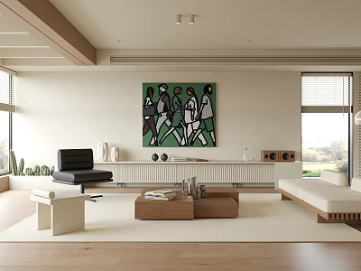 Modern Living Room with Green Artwork Large Windows Black Chair White Bench Wooden Coffee Table 3d model