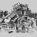Pile of Various Recyclable Waste Containers Including Cardboard Boxes and Plastic Crates