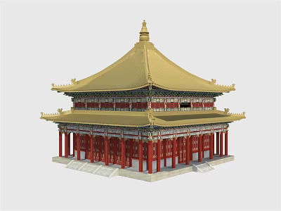 Traditional Chinese Ancient Architecture With Multi Tiered Structure Golden Roof Red Pillars And Ornate Eaves 3d model