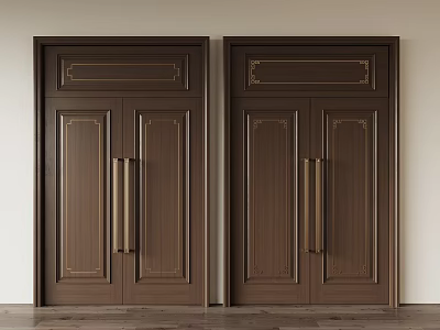 Dark Brown Wooden Double Doors With Metal Handles And Decorative Panels For Home Interior 3d model