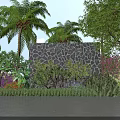Natural Stone Feature Wall in Garden Landscape With Palm Trees and Colorful Plants