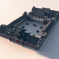 Ancient Chinese Architecture Featuring Overhanging Eaves Dark Roof Tiles Red Doors And Spacious Stone Pavement