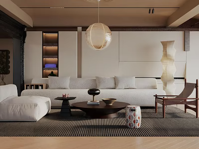 Modern Living Room Interior Design With White Sofa Pendant Light And Decorative Floor Lamp 3d model