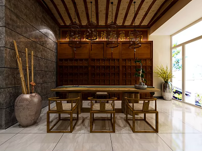 Chinese Style Room Interior With Wooden Cabinets Table Chairs Chandeliers And Green Plants 3d model