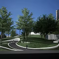 Modern Building Facade With Curved Structure Greenery Trees And Pedestrian Pathway 3d model