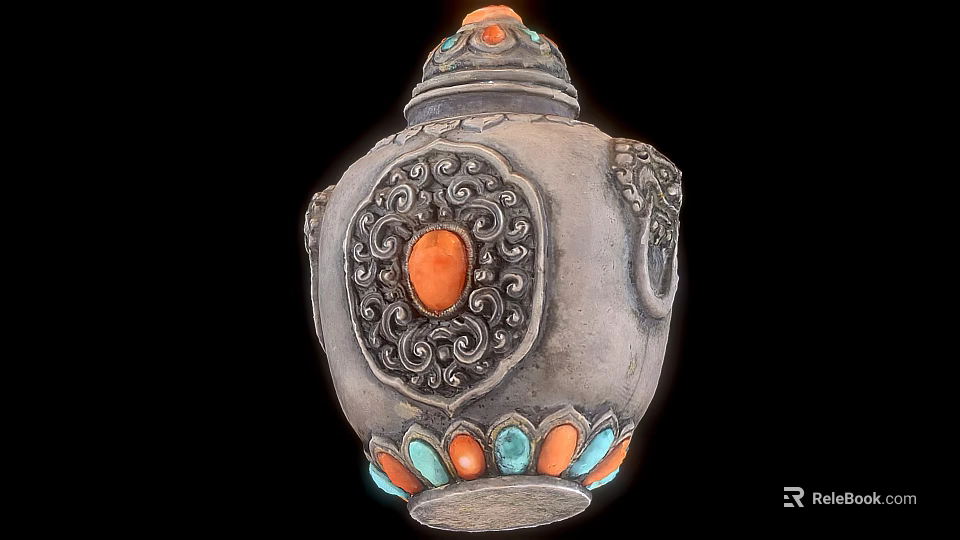 Traditional Decorative Household Container With Silver Body Intricate Patterns Orange Gemstone And Colorful Base Decorations 3d model 