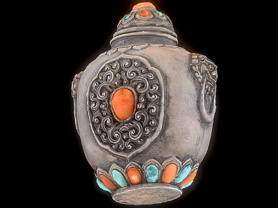 Traditional Decorative Household Container With Silver Body Intricate Patterns Orange Gemstone And Colorful Base Decorations 3d model