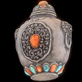 Traditional Decorative Household Container With Silver Body Intricate Patterns Orange Gemstone And Colorful Base Decorations