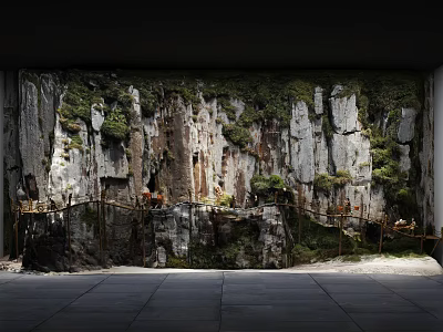 Rock Cliff Art Installation Featuring Mossy Surfaces Wooden Walkway And Small Figures 3d model