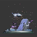Cartoon Fantasy Scene With Purple Butterfly Stone Flowers And Small Island