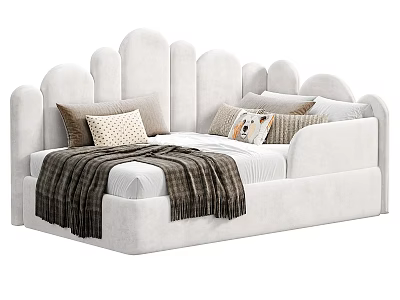 White Upholstered Kids Bed with Scalloped Headboard Cozy Pillows and Soft Throw Blanket 3d model