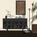 Modern Entryway Console Cabinet With Black Finish Gold Accents Vases Plates Wall Art And Plants