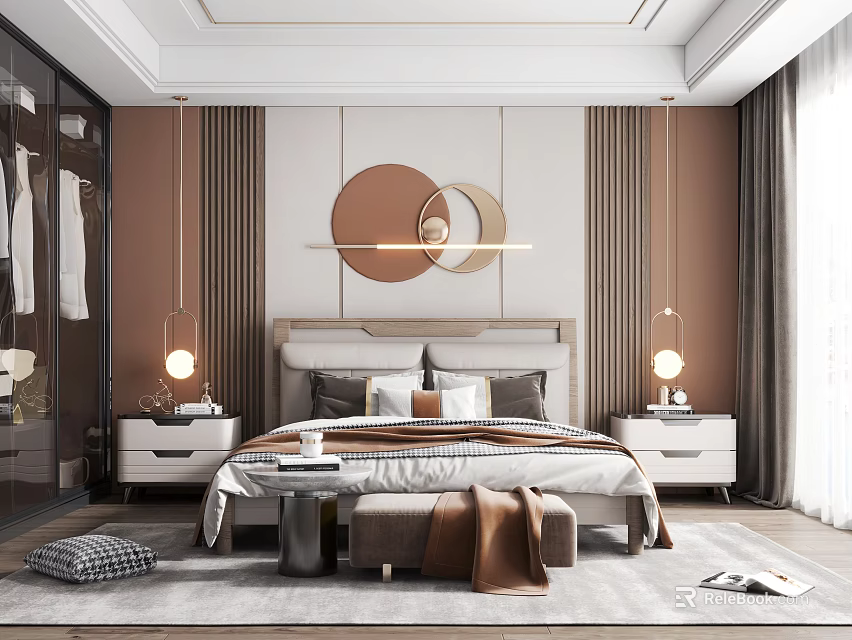 Modern Luxury Bedroom with Brown Walls Circular Art Pendant Lights and Walk in Closet 3d model 