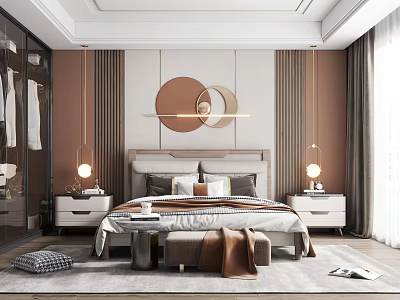 Modern Luxury Bedroom with Brown Walls Circular Art Pendant Lights and Walk in Closet 3d model