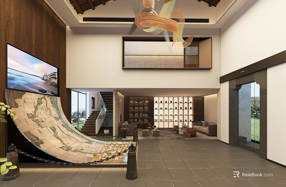 Modern Hotel Lobby Interior With Chandelier Staircase Decorative Art And Comfortable Seating 3d model 
