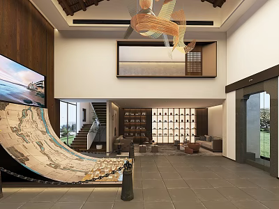 Modern Hotel Lobby Interior With Chandelier Staircase Decorative Art And Comfortable Seating 3d model