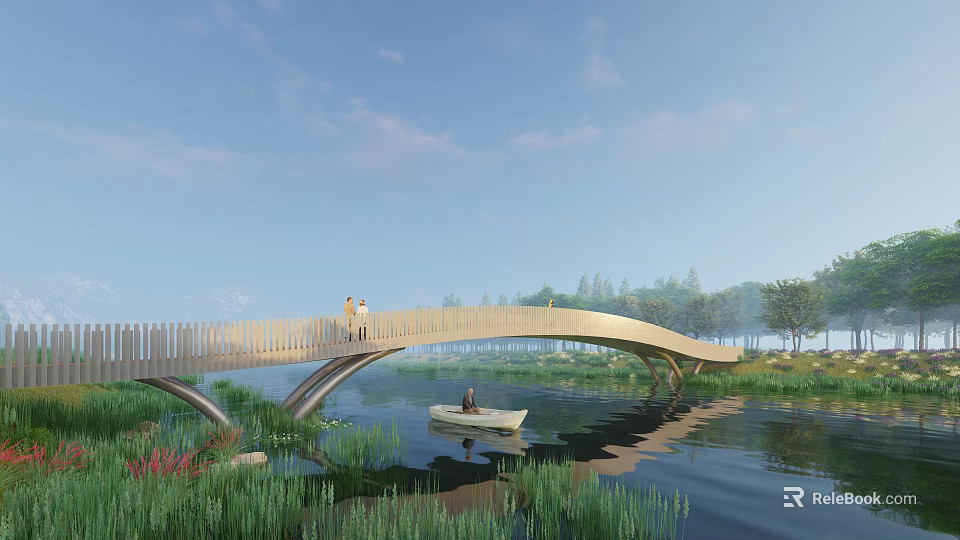 Scenic Landscape Bridge Over Water With Small Boat People Walking And Green Vegetation Around 3d model 