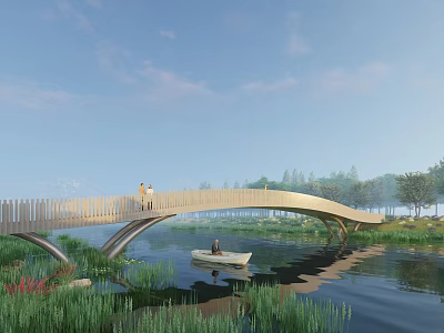Scenic Landscape Bridge Over Water With Small Boat People Walking And Green Vegetation Around 3d model