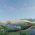 Scenic Landscape Bridge Over Water With Small Boat People Walking And Green Vegetation Around