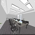 Open Public Office Space Interior Design With Multiple Workstations Desks Chairs And Plants 3d model