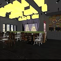 Modern Restaurant Interior Featuring Cylindrical Wooden Structures Staircases And Warm Lighting 3d model
