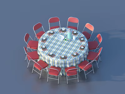 Round Dining Table Set With Blue And White Plaid Tablecloth And Red Chairs 3d model