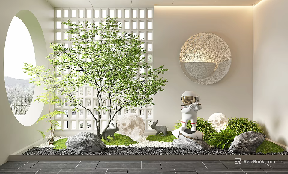 Garden Decorative Scene With Green Tree Grid Wall Astronaut Rabbit Figurines Moon Decoration And Stones 3d model 