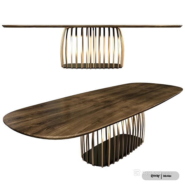Modern Oval Walnut Wood Dining Table With Gold Metal Legs Design 3d model 