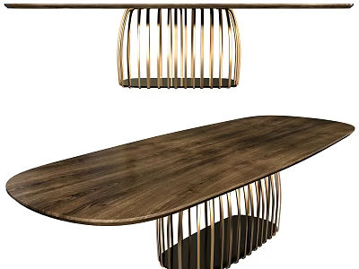 Modern Oval Walnut Wood Dining Table With Gold Metal Legs Design 3d model