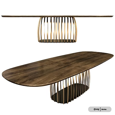 Modern Oval Walnut Wood Dining Table With Gold Metal Legs Design 3d model