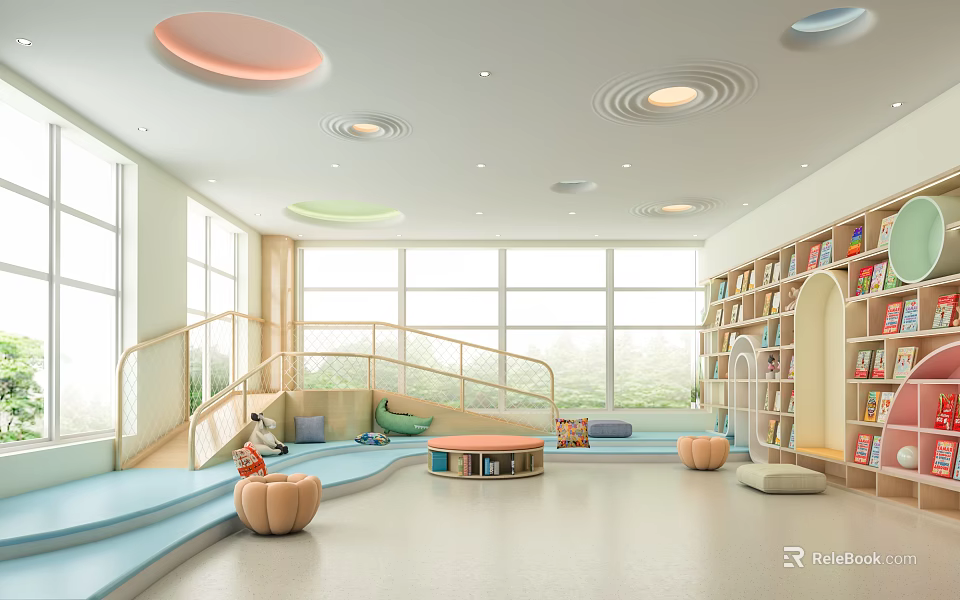 Artistic Children's Reading Space With Bookshelves And Playful Decor 3d model 