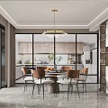 Modern Dining And Kitchen Space With Dining Table Chairs Pendant Light And Cabinets 3d model