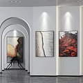 Art Gallery Exhibition Space Featuring Modern Paintings With Archway And Wall Lighting